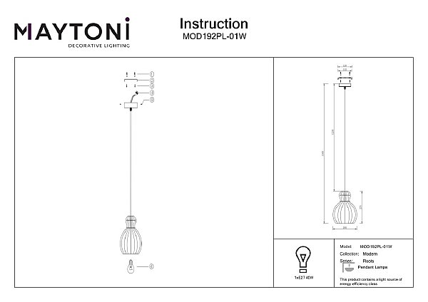 Светильник подвесной Maytoni Roots MOD192PL-01W