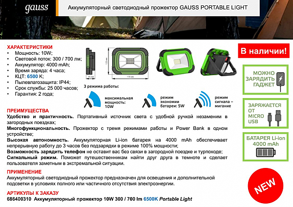 Прожектор уличный светодиодный Gauss Аккумуляторный светодиодный 686400310